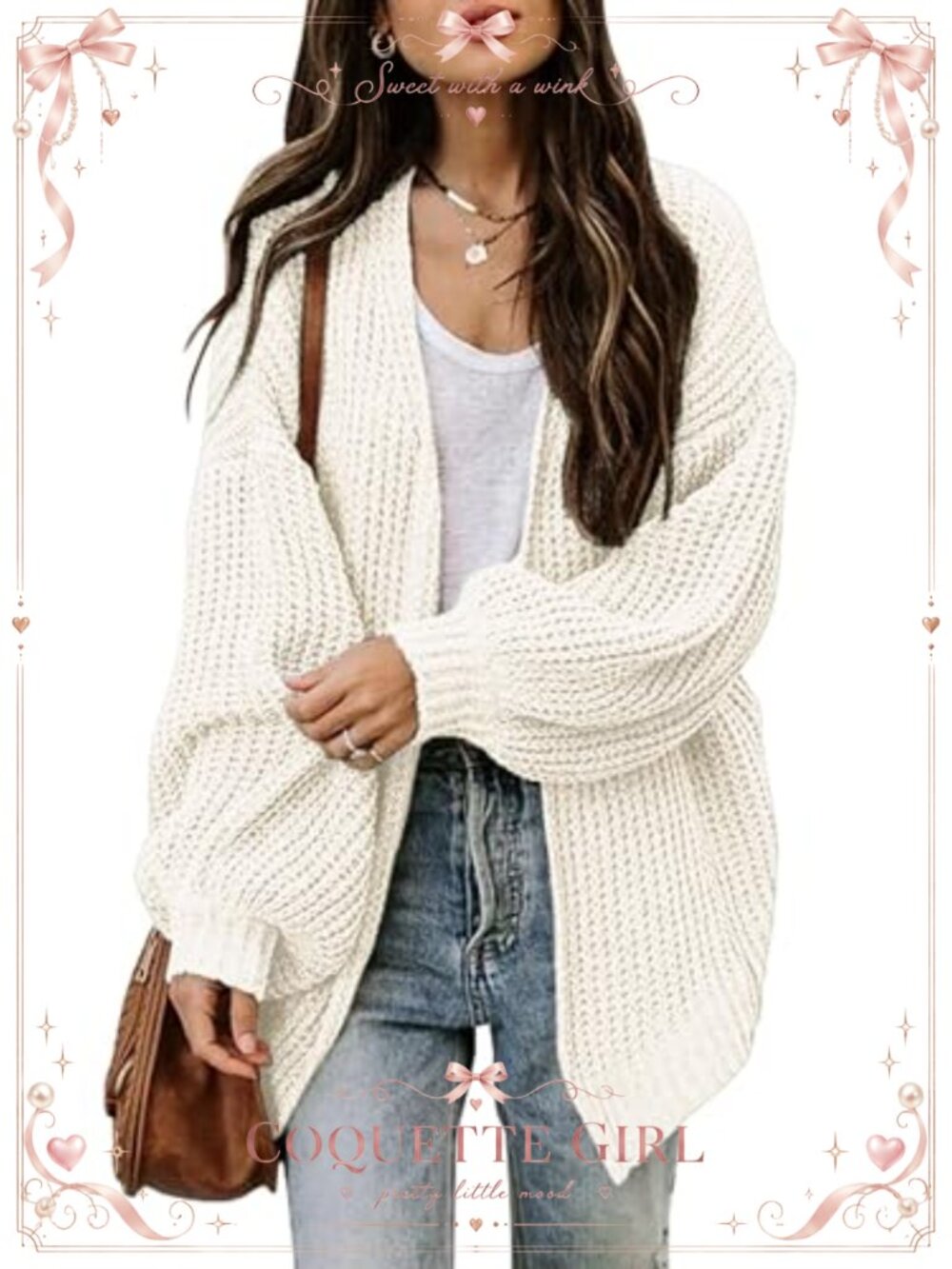 Oversized Lantern Sleeve Chunky Knit Open Front Cardigan Sweater